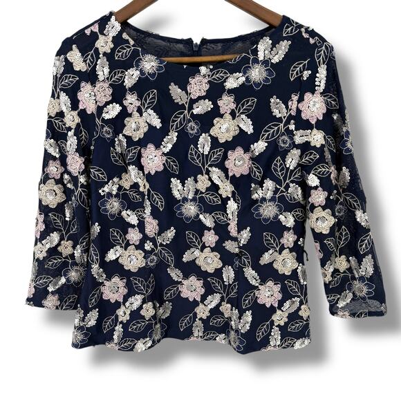 Alex Evenings Stretch Embroidered Floral Sequin Ribbon Belt Top Sz Petite Large - Picture 1 of 7